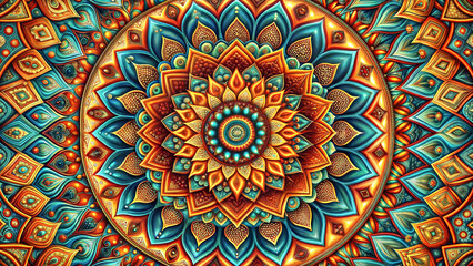 Mandala with intricate pattern in red turquoise color, ethnic indian abstract background