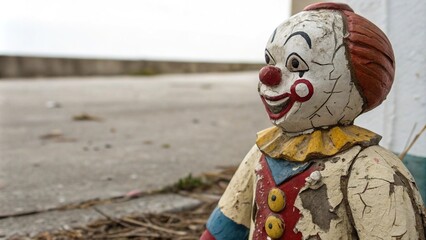 Paper mache clown figurine in a decaying state with cracks and peeling paint, rotten, distressed