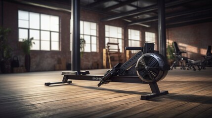 A photo of an unoccupied rowing machine in a gym.