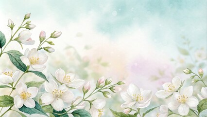 Whimsical Watercolor Seamless Border Featuring Jasmine Blooms in Soft Pastel Colors, jasmine flowers, soft pastel colors, nature-inspired decor