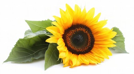 Beautiful isolated sunflower against a pure white background, showcasing vibrant yellow petals and intricate green leaves for nature-inspired visuals