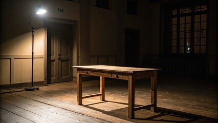 A lone wooden table in a dimly lit room with a single spotlight shining down, creating an intimate atmosphere, spotlight, ambiance