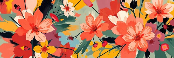 Abstract expressionist floral background in bold colors and dynamic shapes, design, vibrant
