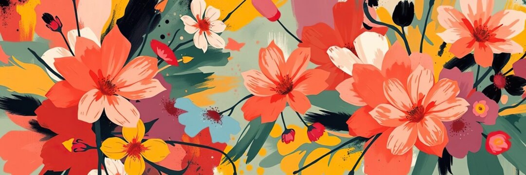 Abstract expressionist floral background in bold colors and dynamic shapes, design, vibrant