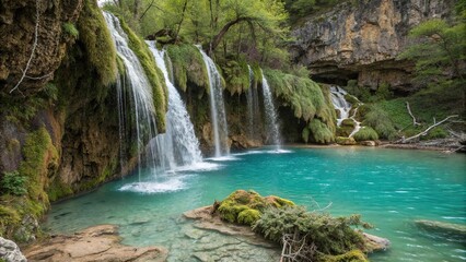 Fototapeta premium Crystal-clear turquoise water cascading down a moss-covered rocky cliff, mountain, moss covered, turquoise, nature, outdoor