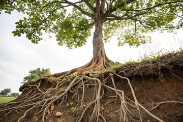 Detailed image of tree roots hanging down in soil, forest floor, tree growth, plant life