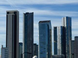 Canary Wharf, London Skyscrapper View From Thames River