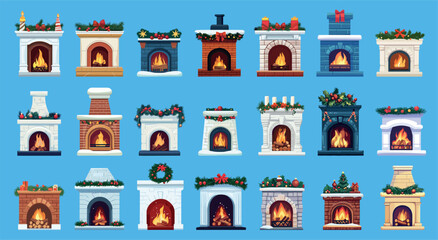 Fototapeta premium Flat christmas fireplaces. Fire place bricks decoration for branches bows candles presents set vector illustration