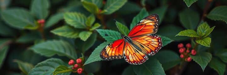 Fototapeta premium red butterfly on green leaves with detailed wings, environmental, natural world, wildlife