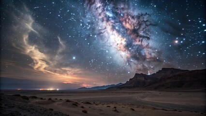 Obraz premium Majestic night sky with swirling clouds of gas and dust illuminated by a brilliant binary star, galaxy cluster, celestial scene