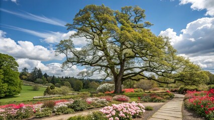 Majestic oak tree stands tall amidst a tapestry of colorful flowers in a tranquil garden under a clear blue sky with puffy white clouds, oak tree, greenery, sky, tree