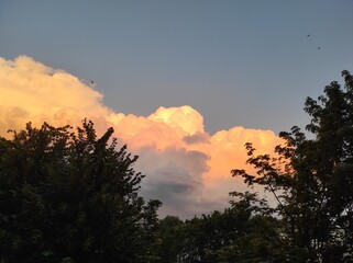 sunset in the city, clouds colored by the rays of the setting sun, rainbow clouds