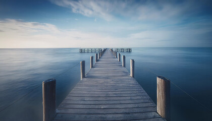 A peaceful wooden Pier Bridge deserted pier stretching out into a calm sea