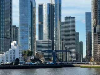 Canary Wharf, London Skyscrapper View From Thames River