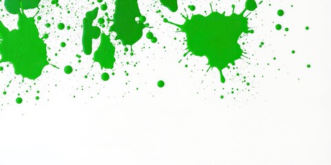 An explosion of green paint splatters against a pristine white backdrop, resulting in a visually striking and bold artwork, unique piece, abstract art, green splatter