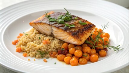 Cloudberries scattered around a grilled arctic char fillet on a white plate with a sprinkle of fresh herbs and a side of quinoa or brown rice, herbs, healthy meal