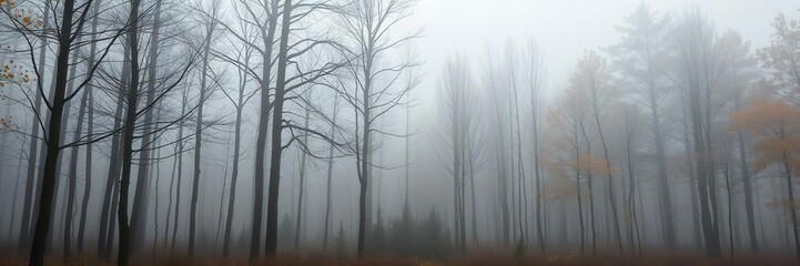 Obraz premium Dense forest with trees standing in mist and fog on an autumn day, hazy, environment, seasons