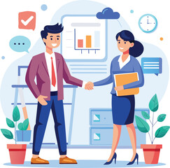 People shaking hands at work - Two businesspeople, man and woman doing handshake in office at work while smiling over business agreement and deal. Flat design stock illustration on white background