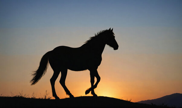 A black horse silhouetted against an orange sunset walks across a grassy field