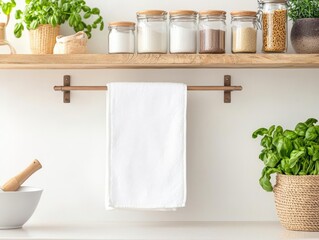 Hanging towel on a modern kitchen rack, stylish open shelving with various cooking essentials, urban chic concept for textile designs