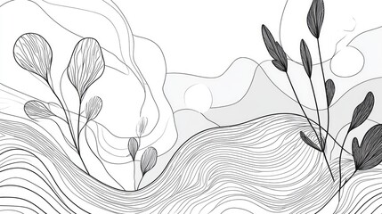 Line art illustration featuring abstract elements and a natural background