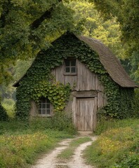 Fototapeta premium Charming Rustic Cabin Embraced by Nature's Greenery Amidst a Serene Landscape