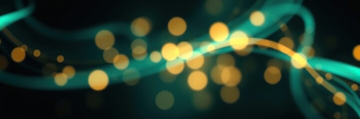 Swirling teal and gold abstract light streaks with bokeh against a dark background, radiant lights, starry night, cosmic scene