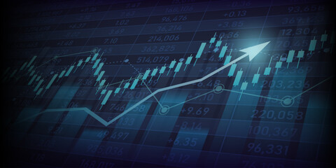 Abstract financial graph with uptrend line arrow and bar chart of stock market on blue color background
