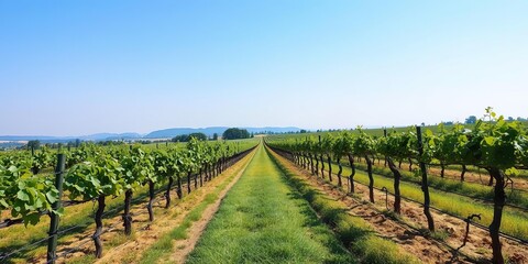 Obraz premium A vineyard in the summer with rows of grapevines stretching out to the horizon, grapes, expansive