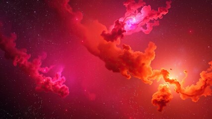 Naklejka premium A vibrant mix of orange and pink nebulae in a starry sky filled with swirling clouds of gas and stardust, interstellar, colors, astral
