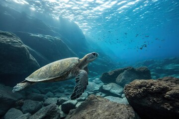Fototapeta premium Ancient sea turtle species megalochelys in a rocky sea, sea turtle fossils, ocean history