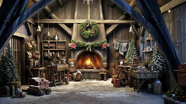 Christmas interior rural background, Santa Claus rustic workshop with fireplace	
