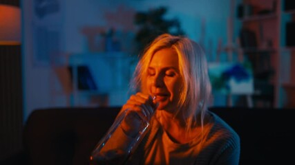 Middle-aged female drinking liquor from a bottle alone at home, harmful habits
