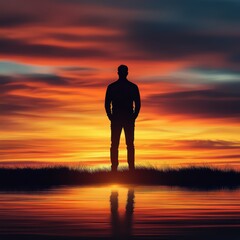 Silhouette of a man against a vibrant sunset sky reflecting on water.