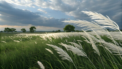 serene kashful field in bloom – kans grass landscape under a wide sky