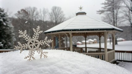 A single, lonely snowflake lands on the roof of the gazebo, its delicate form a fleeting moment of beauty in the otherwise monochromatic winter scene, winter morning, snow