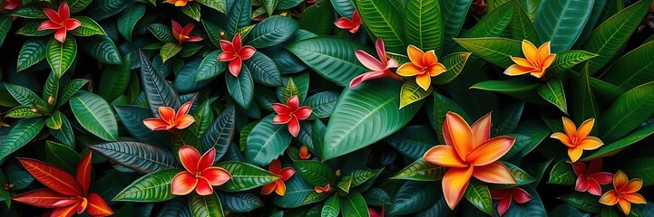 Fototapeta premium Dense foliage with vibrant green leaves and colorful tropical flowers, lush vegetation, exotic plants