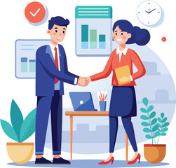 People shaking hands at work - Two businesspeople, man and woman doing handshake in office at work while smiling over business agreement and deal. Flat design stock illustration on white background
