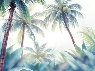 Fototapeta premium Soft watercolor foliage with palm trees swaying in the tropical breeze, leaves, foliage, tropical