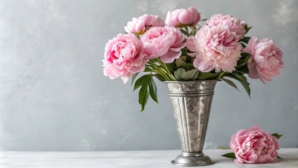 Obraz premium Pink peony blooms in a elegant silver vase against a soft gray background, elegant decoration, flower arrangement, modern design, sophisticated look, pink peonies