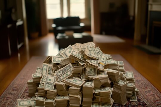 a pile of money on a rug in a living room
