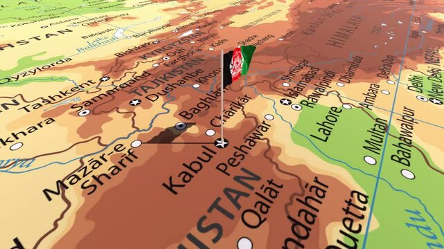 The Flag of Afghanistan on the World Map, Animated map of Afghanistan, Flying Flag