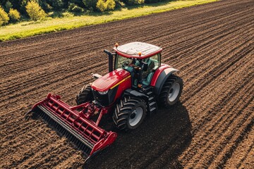 Obraz premium aerial view of a tractor with a heavy harrow on a plowed field 