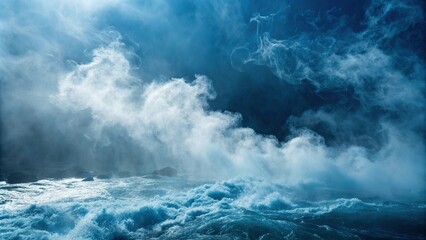 Abstract blue background with swirling clouds of white and gray mist, evoking a sense of ethereal mystery, serene, soft focus, vintage, peaceful