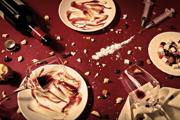 Top view of messy dinner table with spilled wine, scattered crumbs, and syringes, creating dramatic...