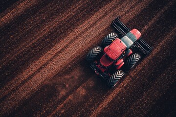 Naklejka premium aerial view of a tractor with a heavy harrow on a plowed field 