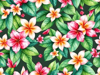 Vibrant Watercolor Seamless Pattern with Exotic Jasmine Flowers and Tropical Leaves, lush greenery, exotic floral design, jungle decor