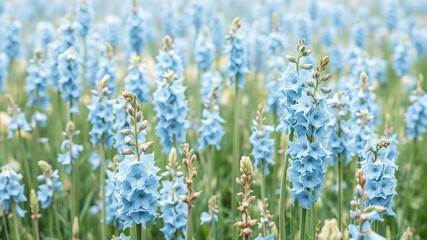 Fototapeta premium A field of baby blue delphiniums in a dreamy watercolor style, nature-inspired art, delphiniums, pastel blue