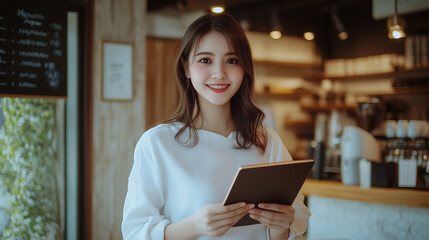 Fototapeta premium female business owner with tablet at cafe, holding a tablet 