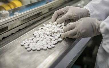 A person in gloves sorting white pills on a metallic surface in a pharmaceutical setting.